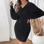 Casual Batwing Sleeve Sweater Dress V Neck Bodycon Fit Black Color Perfect for Everyday Wear Who
