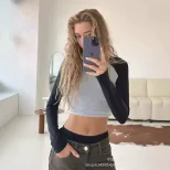 Long Sleeve Cropped T Shirt Slim Fit Color Block Raglan Sleeve Knit Fabric Casual Wear for Autum