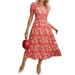 Floral V Neck Long Sleeve Dress Slim Fit Mid Length Elegant Style Perfect for Spring and Summer