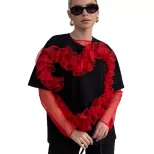 Womens Ruffled Heart Design T Shirt Soft Cotton Loose Fit Round Neck Stylish Layered Look Casual
