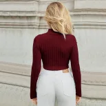 High Neck Hollow Out Knit Top Fashionable Sexy Slim Fit Long Sleeve Short Length Spring Summer C