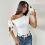 Womens Off Shoulder T Shirt Sexy Asymmetrical Neckline Short Length Unique Design Spring Summer
