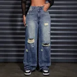 Womens Casual Loose Straight Leg Ripped Denim Jeans Comfortable Fit Stylish Design Versatile for
