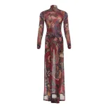 Womens Long Tunic Top Fashionable Round Neck Unique Print Slim Fit High Split Spring Style Whole