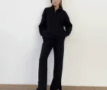Womens Casual Solid Color Cotton Hoodie Set Zipper Fleece Lined Loose Fit Ideal for Sports and E