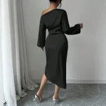 Asymmetrical Long Sleeve Dress Ruched Slit Bodycon Fit Elegant Evening Wear Wholesale Available