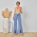 Womens Slim Fit High Slit Denim Pants Stylish Design Trendy Look Comfortable Fabric Perfect for