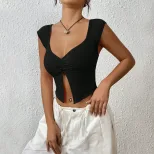 Slim Fit Short T Shirt Sexy Design Pleated Hem Side Slit Casual Wear for Women OEM Available