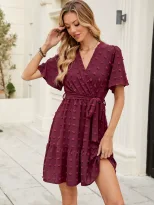V Neck Ruffled Sleeve Dress Waist Tie Pom Detail Elegant Style Perfect for Parties and Events Re