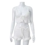 Lace Trim Cami and Ruffle Shorts Set Summer Casual Loungewear Sexy Home Outfit Wholesale Availab