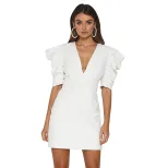 French Vintage Style White Deep V High Waist Backless Dress with Puff Sleeves Elegant Office Wea