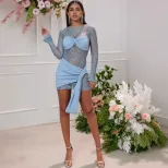 Womens Fashionable Lace Trimmed Bodycon Dress Round Neck Long Sleeve Spring Summer Style Wholesa