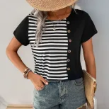 Summer Womens Striped Color Block T Shirt Short Sleeve Casual Style Lightweight Fabric Wholesale