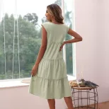 Sleeveless V Neck Cotton Linen Dress Solid Color Summer Style Casual Wear Wholesale Available