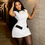Color Block Bodycon Dress Short Sleeve Polo Collar Pocket Design Chic Casual Wear for Women Whol