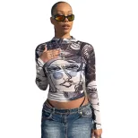 Womens High Waisted Cropped T Shirt Sexy Sheer Mesh Round Neck Long Sleeve Face Print Casual Wea