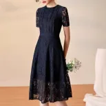 Lace Hollow Out Midi Dress for Women Round Neck Short Sleeve Summer Casual Wear