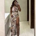 Fashionable Womens Backless Dress Ruffled Asymmetrical Hem Floral Print Sexy Split Design Perfec