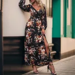 Womens Long Sleeve V Neck Floral Dress Autumn Style European and American Fashion Wholesale Avai