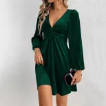 Velvet A Line Dress Sexy V Neck Long Sleeve Waist Cinching Autumn Winter Party Wear Wholesale Av