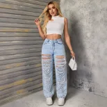 High Waisted Flare Jeans Ripped Design Stretch Fabric Casual Style Womens Fashion for Spring and