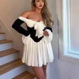 Off Shoulder Dress French Court Style Slim Fit Flared Sleeves Elegant Design Autumn Collection W
