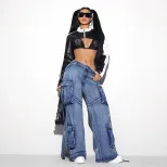 Womens Vintage Multi Pocket Stretch Casual Denim Overalls Retro Style European and American Fash
