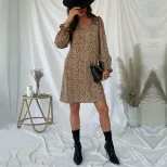 Leopard Print Long Sleeve Dress Loose Fit Ruffle Trim Autumn Fashion Perfect for Casual Outings