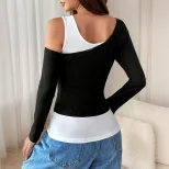Asymmetrical Long Sleeve Top Black and White Color Block Unique Design for Spring and Autumn Who