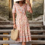 Floral Print V Neck Midi Dress Ruffled Hem Pink Color Country Style Perfect for Spring Summer Wh