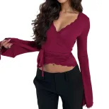 Wine Red Lace V Neck Tie Waist Flare Sleeve Crop Top Unique Design Stylish Fit Spring and Autumn