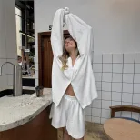 Womens Summer Two Piece Set Relaxed Fit Long Sleeve White Cardigan Towel Fabric Comfortable Home