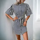 Casual Striped Shirt Dress Ruffle Sleeve Stand Collar European and American Style Perfect for Sp