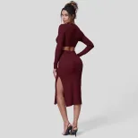 Slim Fit Hollow Out Long Sleeve Dress Solid Color Round Neck Bodycon Side Slit Elegant for Eveni