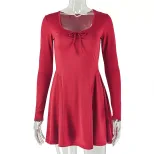 Fashionable Womens A Line Dress Long Sleeve Ruched Waist Solid Color Ideal for Dates and Casual