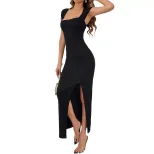 Summer Womens Bodycon Dress Solid Color Square Neck Sleeveless Side Slit Casual Party Wear Whole