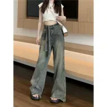 美式复古毛边阔腿牛仔裤女夏季小众设计感高腰宽松显瘦直筒拖地裤