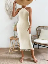 Customizable Sleeveless Knit Maxi Dress Halter Neck Fitted Silhouette Fringe Hem Beach Vacation