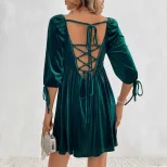 Velvet A Line Mini Dress Elegant Back Tie High Waist Square Neck Perfect for Parties and Events