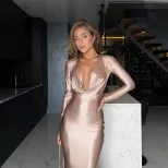 Elegant Solid Color Long Sleeve V Neck Satin Evening Dress Autumn Fashion Perfect for Formal Eve