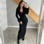 Knit Bodycon Dress Long Sleeve Deep V Neck Fringe Detail Solid Color Autumn Winter Fashion for P