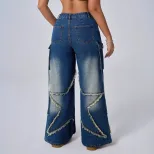 Vintage Star Print Denim Cargo Pants for Women Retro Style Casual Fit Versatile Wear Wholesale A