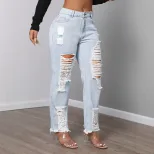 Womens Mid Rise Fashionable Ripped Denim Jeans Casual Style Comfortable Fit Versatile Wear Whole