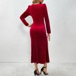 Elegant Velvet Bodycon Dress Deep V Neck Waist Cinching Side Slit Perfect for Parties and Specia