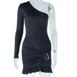 Asymmetrical One Shoulder Dress Solid Color Ruffle Hem Metallic Accents Elegant Evening Wear Who