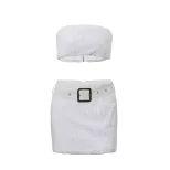 Winter Sexy Plush Strapless Top and Bodycon Skirt Set for Women Slim Fit Belted Stylish Design P