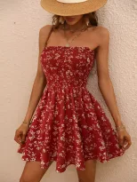 Floral Print Strapless Dress Slimming Waist Design Playful Style Summer Fashion Wholesale Availa