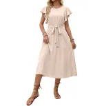 Casual Solid Color A Line Dress Flutter Sleeves Round Neck Tie Waist Perfect for Vacation or Sum