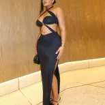 Fashionable Solid Color Bodycon Dress Sexy Ruched Design Halter Neck Backless Perfect for Partie