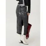 Vintage Silver Wash Denim Skirt Womens Retro Style Casual Fit High Waist Perfect for Spring Summ